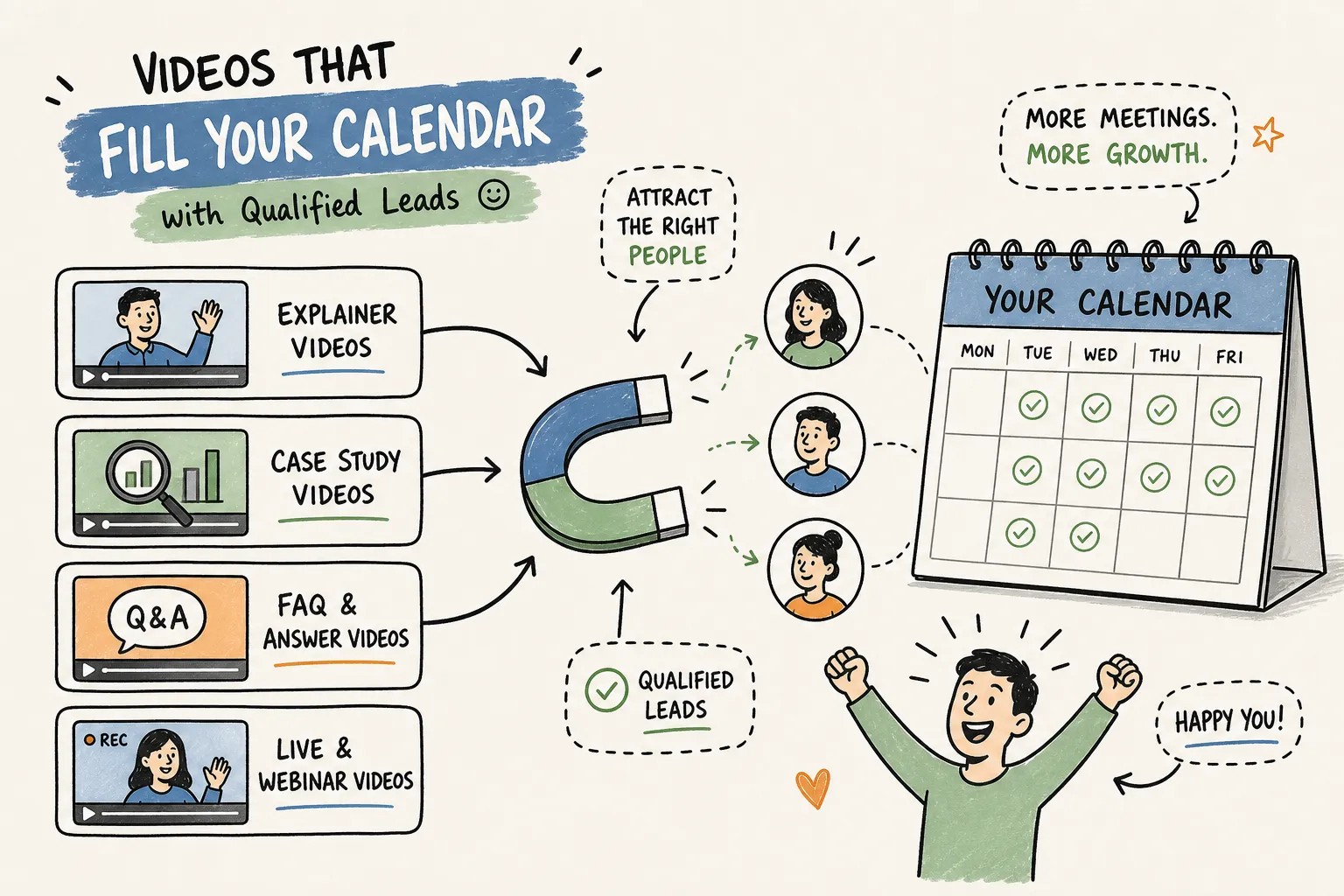 Illustration showing four video types feeding qualified leads into a booked calendar