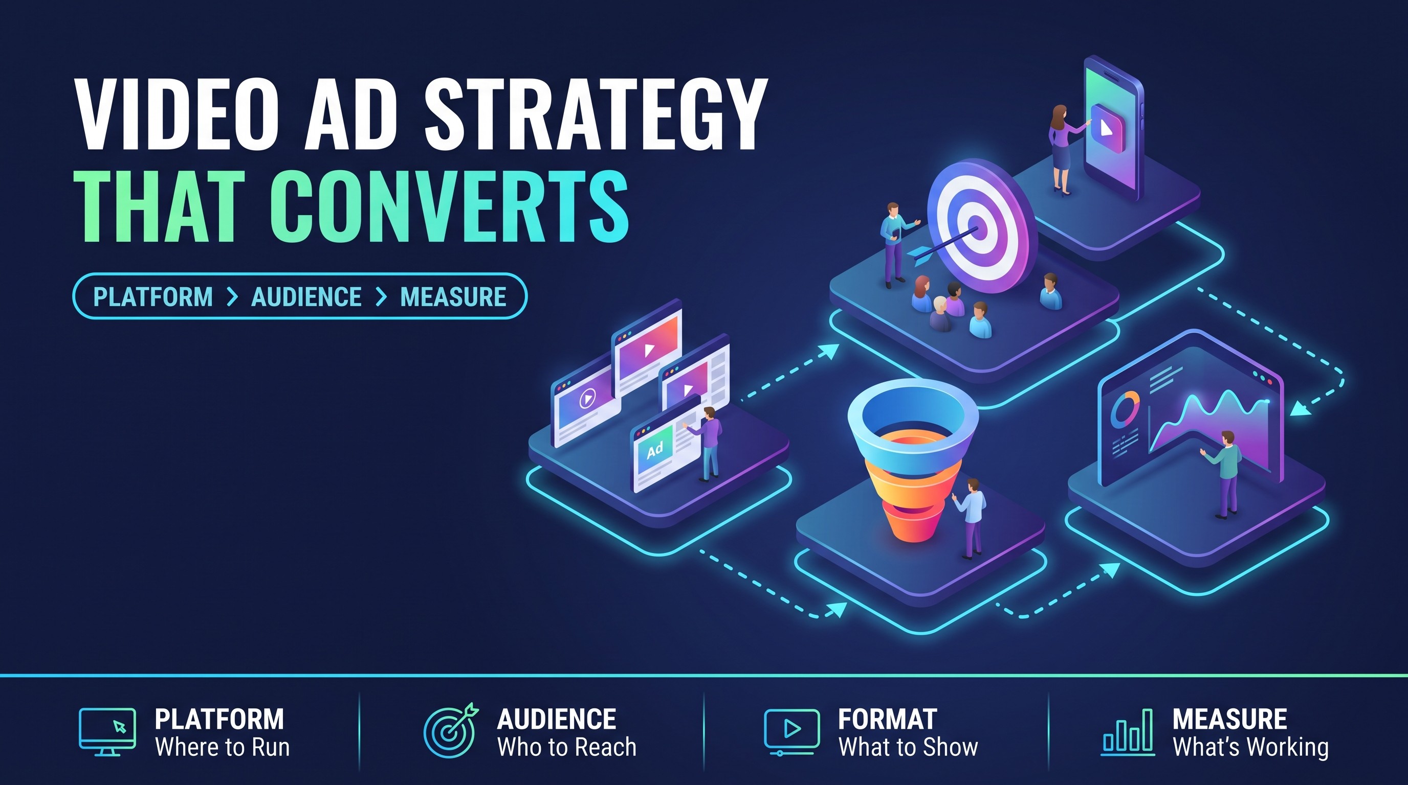 Infographic showing a video ad strategy framework: platform, audience, measure