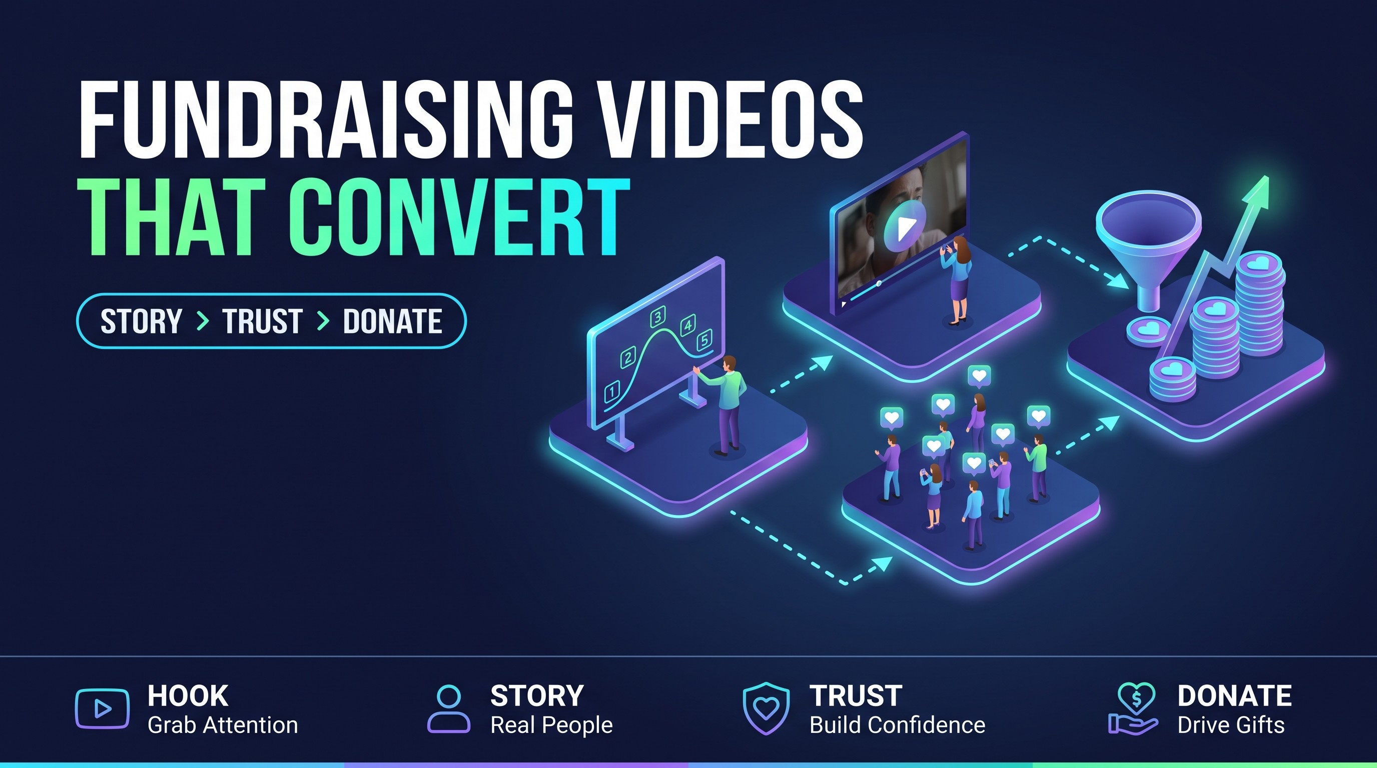 Infographic showing the fundraising video story arc: hook, story, trust, donate