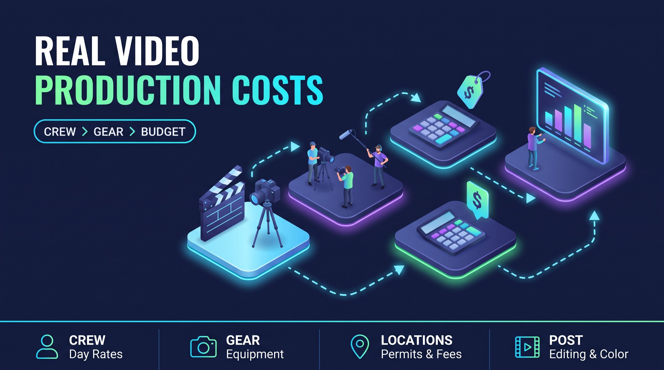 Infographic showing what drives video production costs: crew, gear, budget