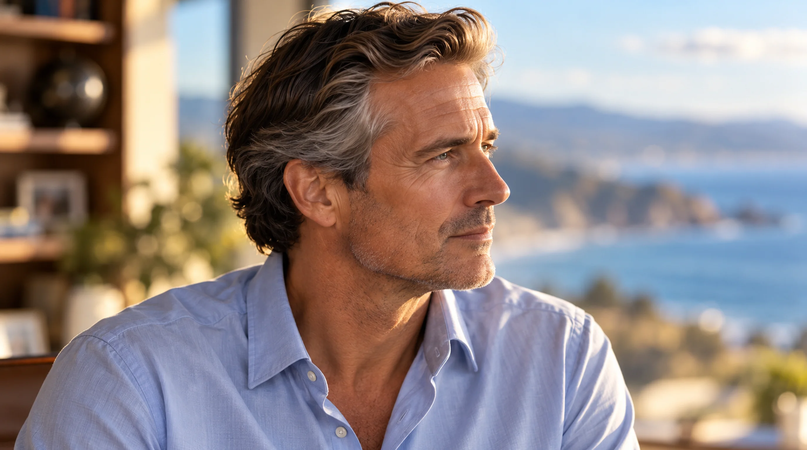 A professional looking out over the coastline, considering what protects his reputation