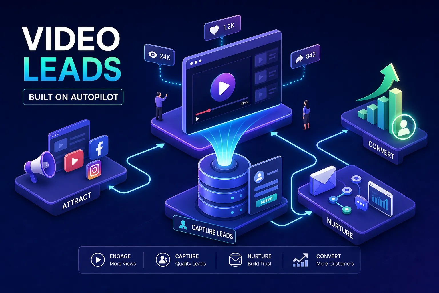 Diagram of a video lead generation funnel: attract, capture, nurture, and convert